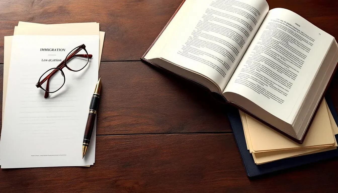Portuguese immigration documents and fountain pen on a lawyer's desk during a visa file review