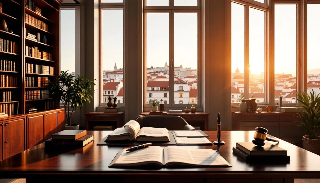 Modern Portuguese law office interior in Lisbon with leather-bound law books and natural light, used for immigration visa and citizenship cases