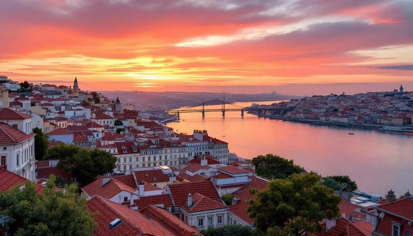Lisbon skyline at sunset over the Tagus river, the Portuguese capital where immigration cases are handled