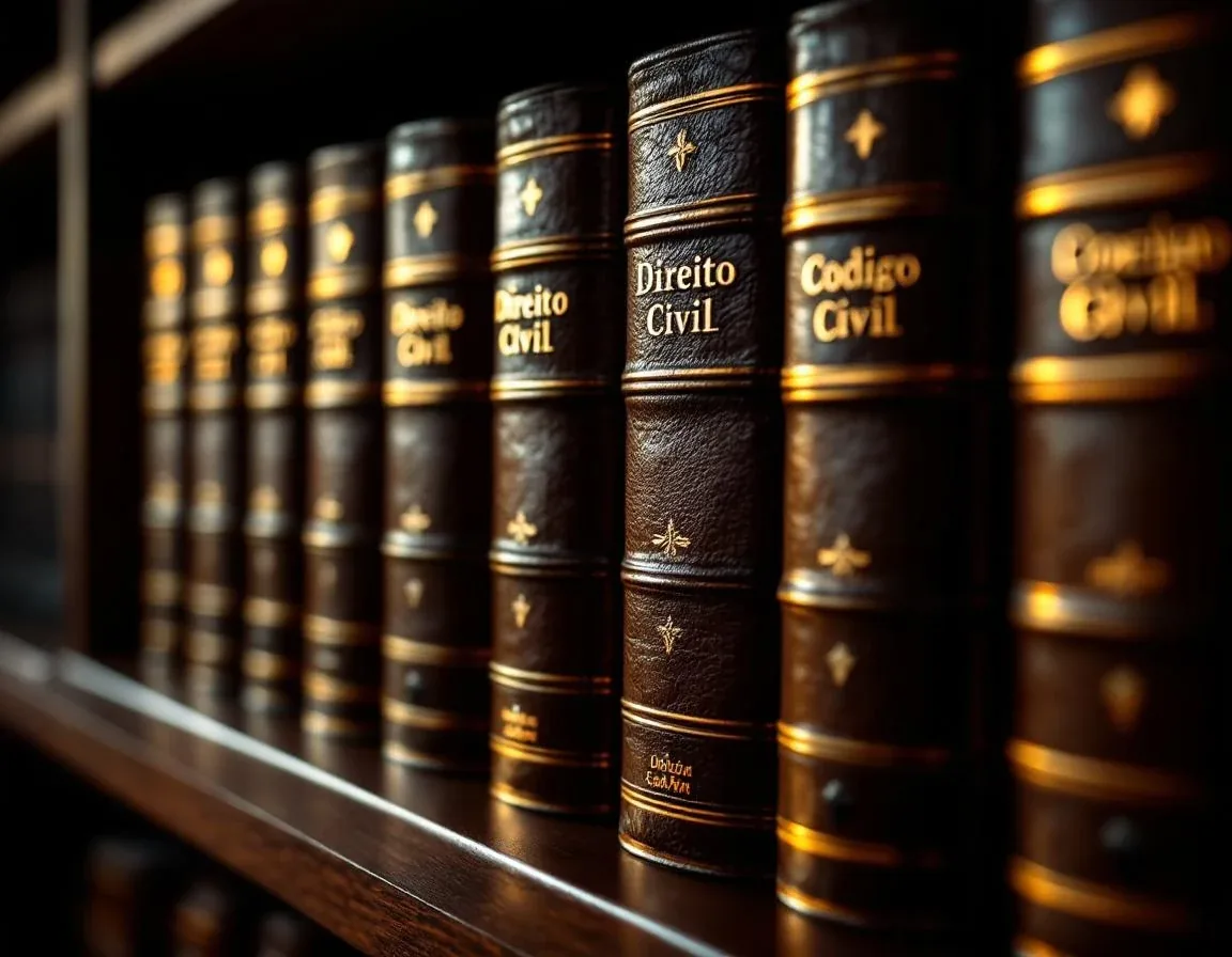 Leather-bound Portuguese law books on shelves, representing expertise in citizenship and immigration law