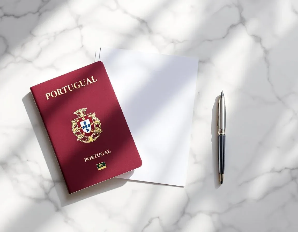 Burgundy Portuguese passport on a desk, representing Portuguese citizenship by descent or naturalisation